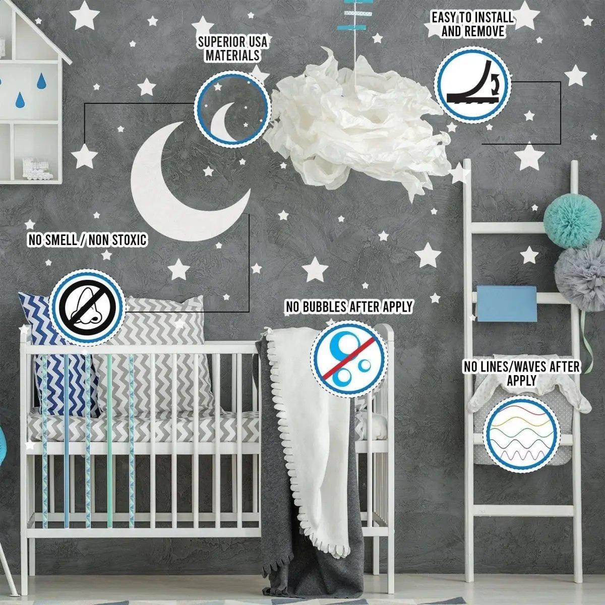 Celestial Dreams wall decals in a nursery, featuring a moon and stars with easy application benefits highlighted.