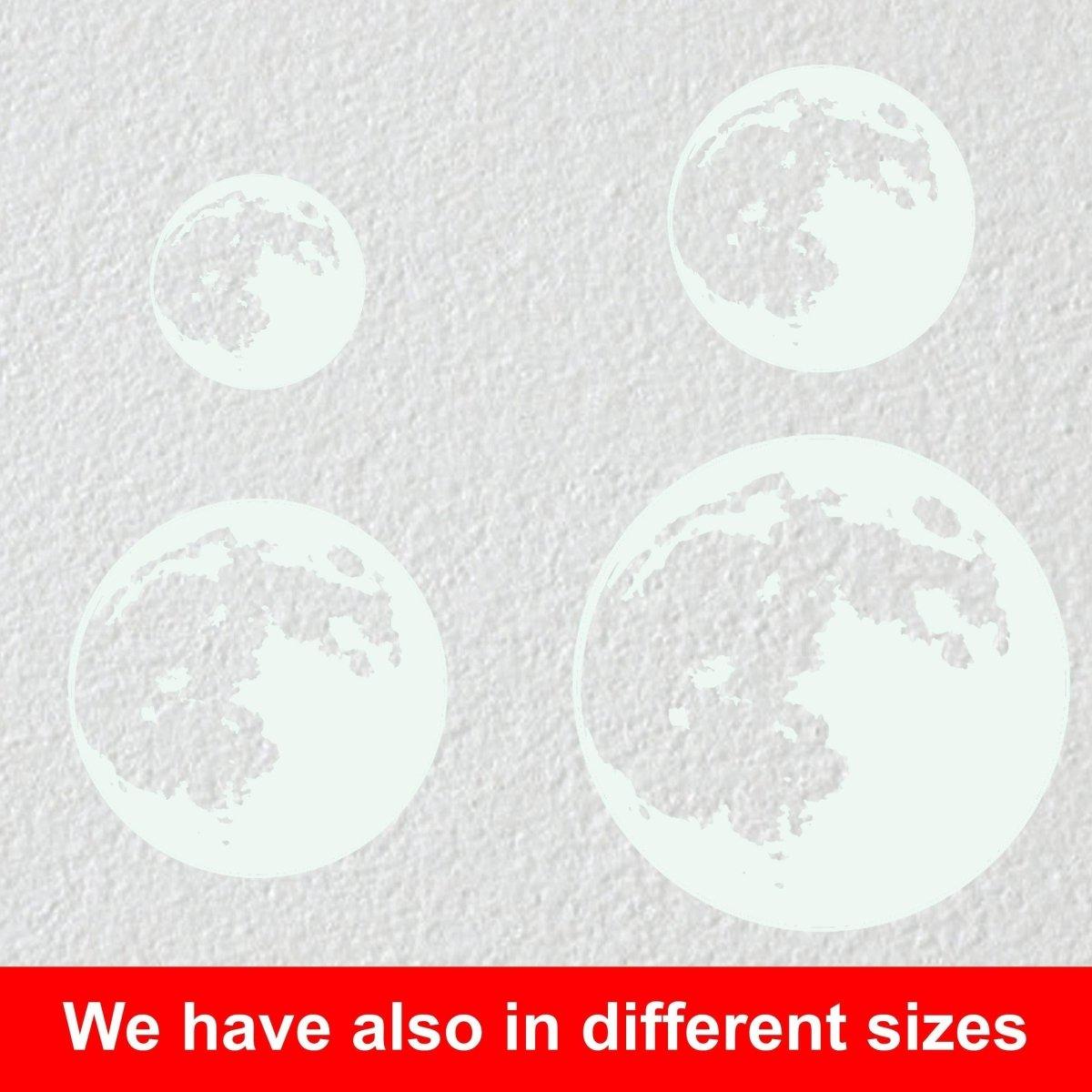 Glow in the dark moon wall stickers in different sizes for celestial home decor.