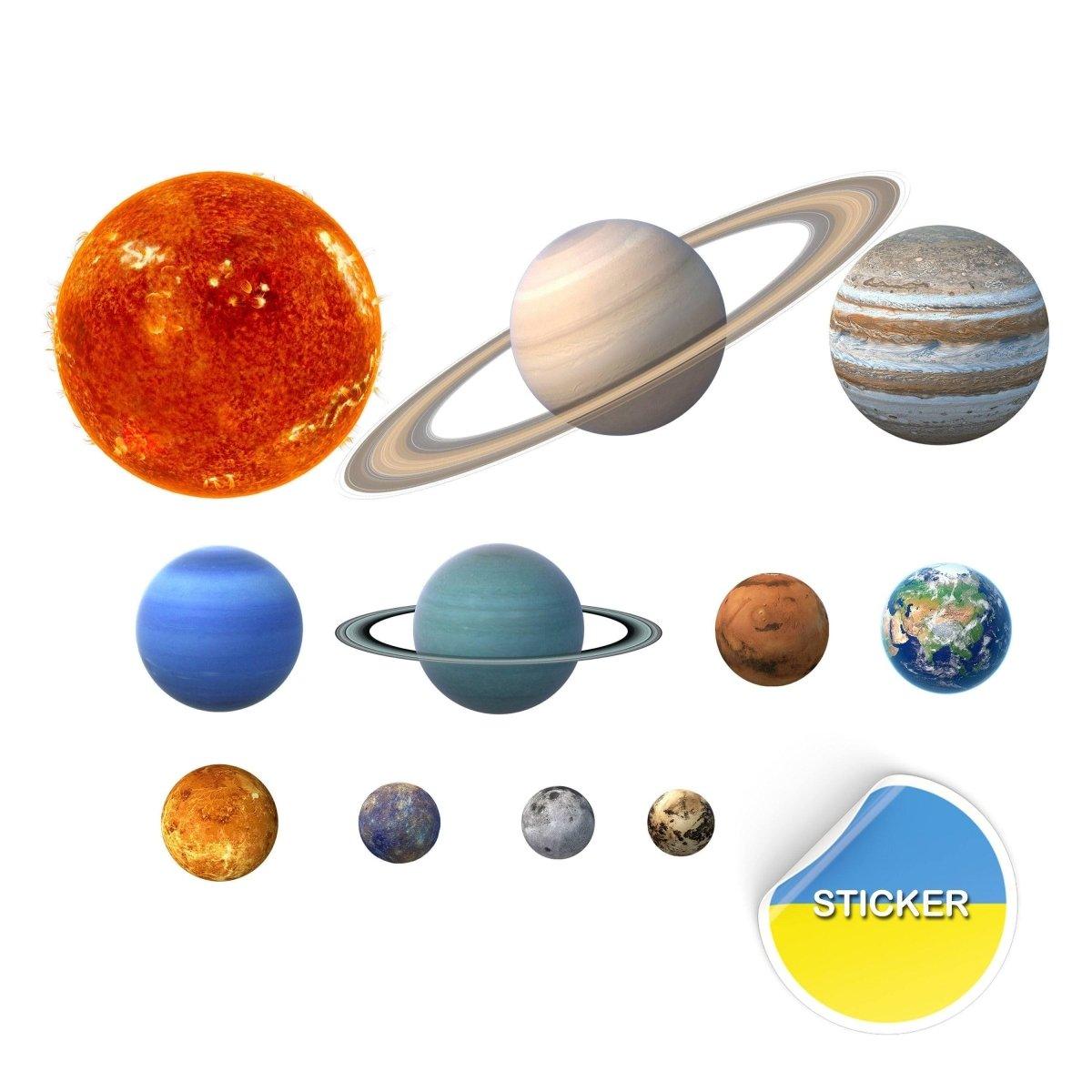 Colorful solar system wall stickers featuring planets and sun for astronomy-themed décor.
