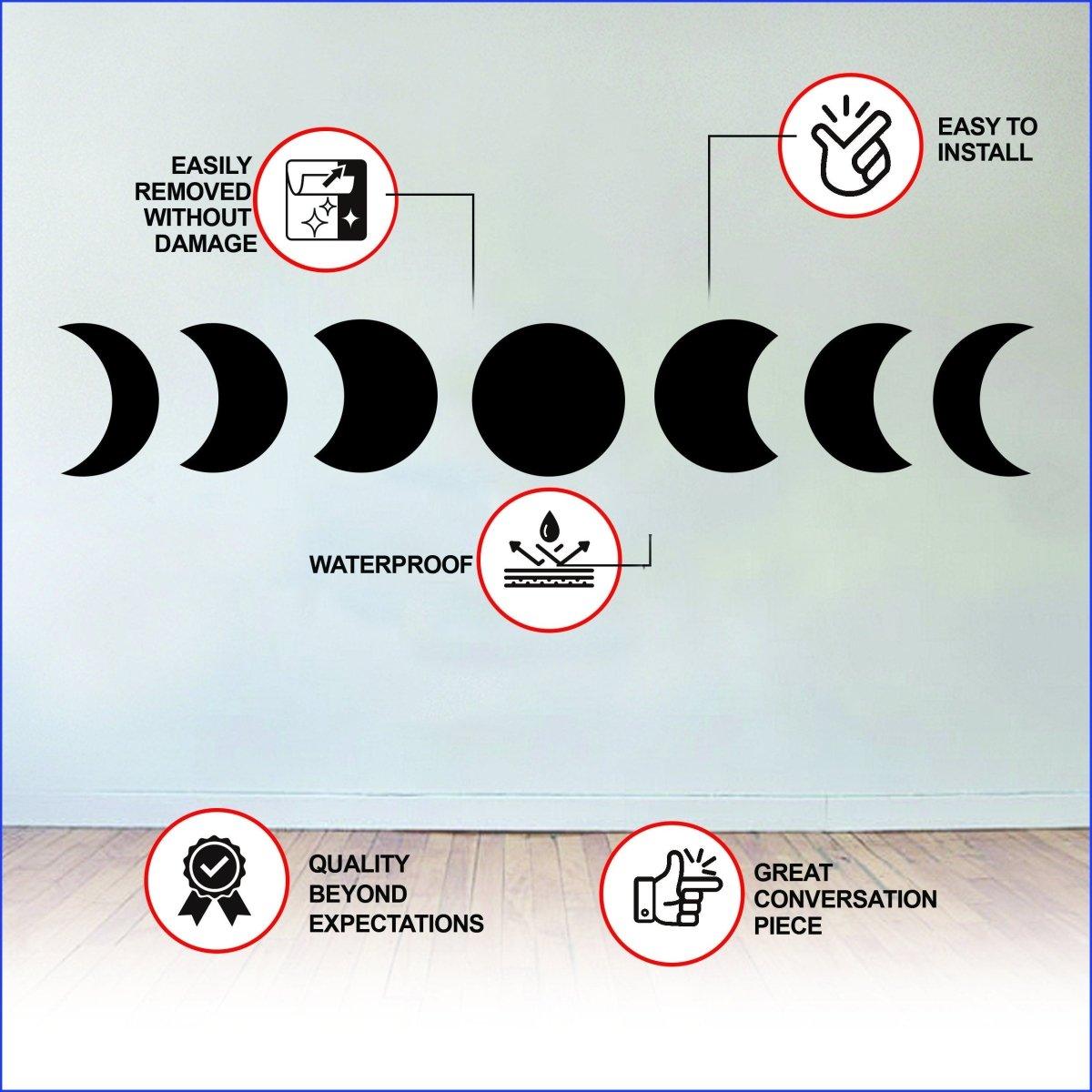 Moon Phase Wall Hanging Decor with installation and quality features, showcasing removable waterproof vinyl stickers.