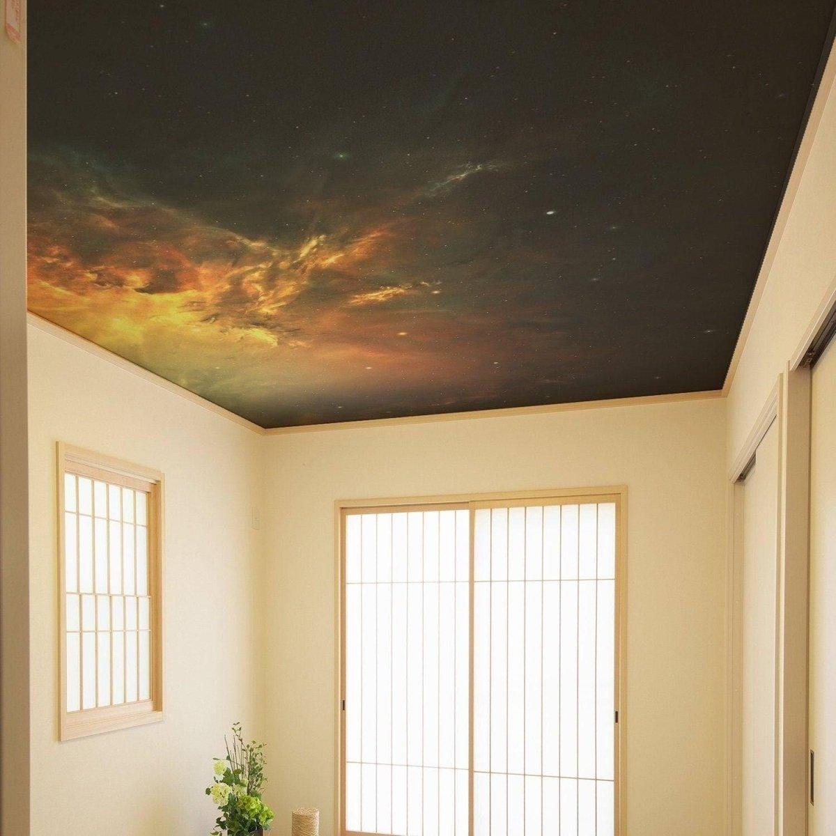 Majestic celestial vinyl ceiling decal creating a stunning galaxy aesthetic in a bright room.
