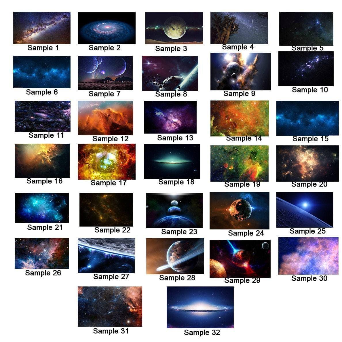 Collection of stunning celestial wall art samples featuring galaxies, stars, and planets for home decor.