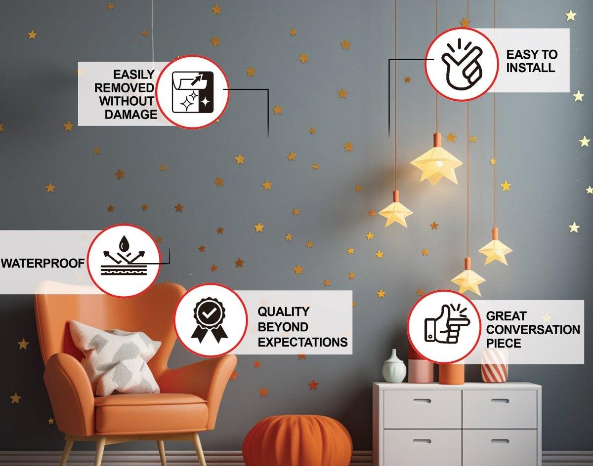 Gold stars vinyl wall stickers in a cozy room with easy installation features and waterproof quality displayed.
