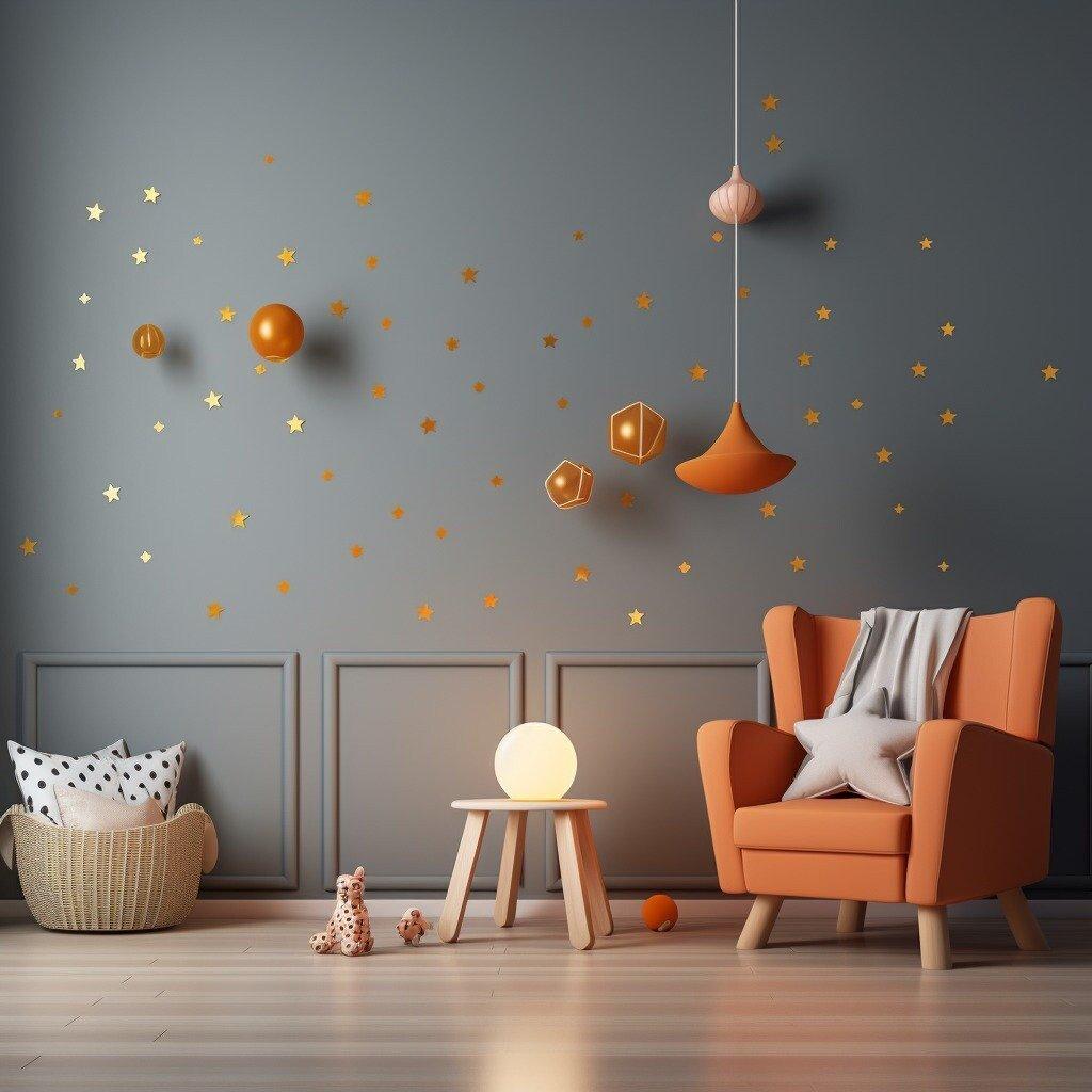 Cozy living room with gold stars wall stickers and orange decor, showcasing a playful celestial theme.