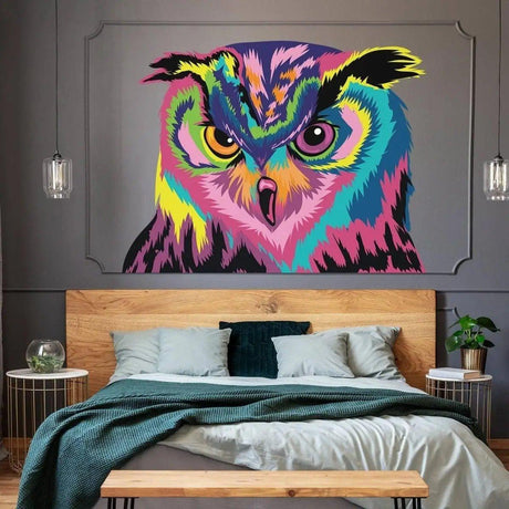 Colorful owl wall sticker in a vibrant design, perfect for adding charm to modern bedroom décor.