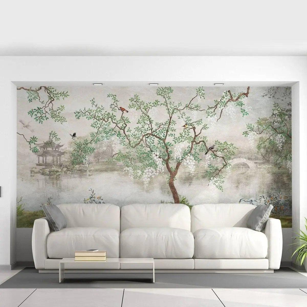 Dreamy Chinese garden wall mural featuring lush foliage and serene landscape, ideal for home decor.