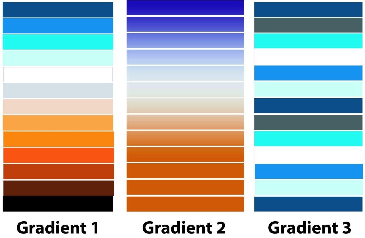 Gradient color samples for staircase riser stickers showcasing vibrant options in three distinct color schemes.