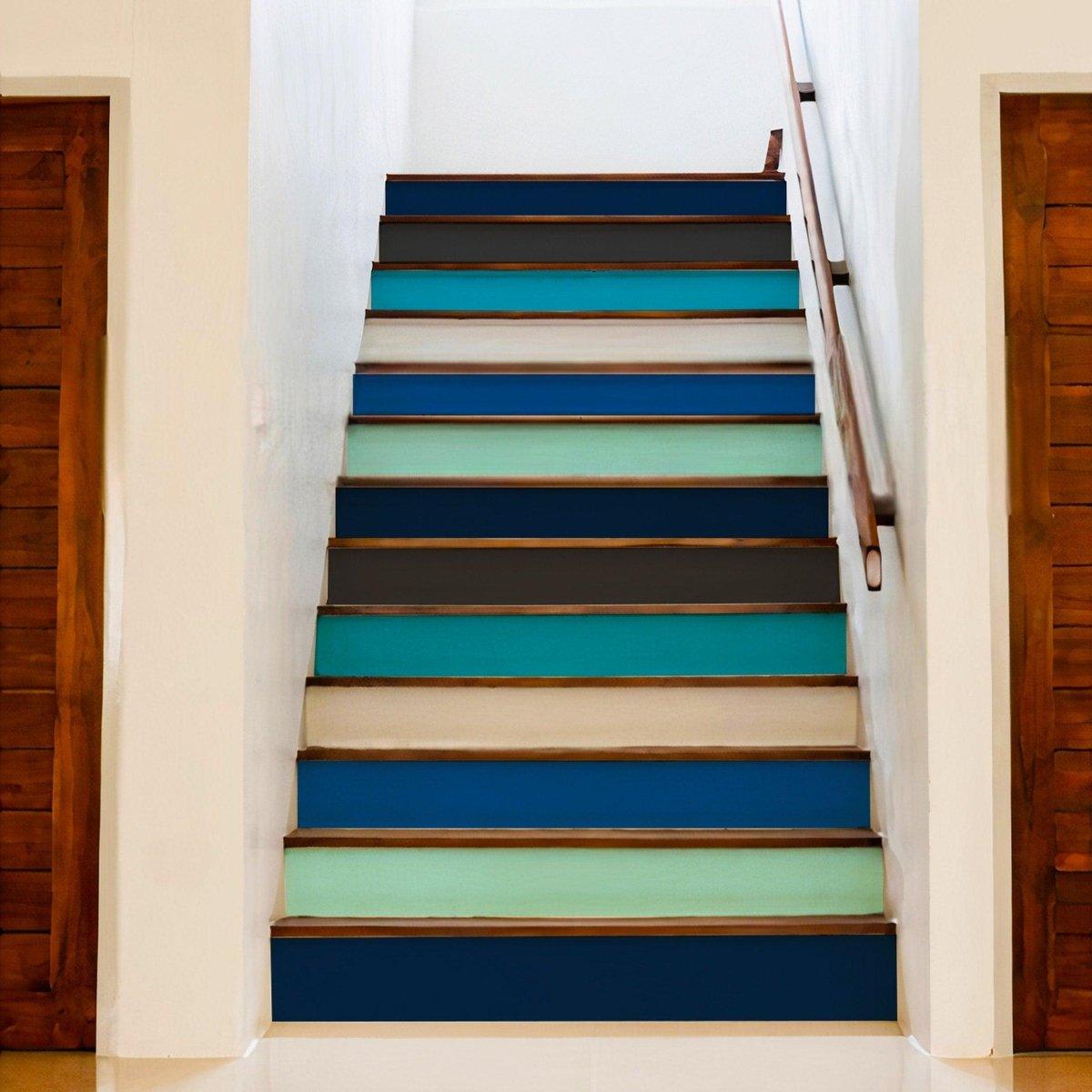 Vibrant staircase featuring gradient color risers from the Vibrant Staircase Revamp Set, enhancing home decor.