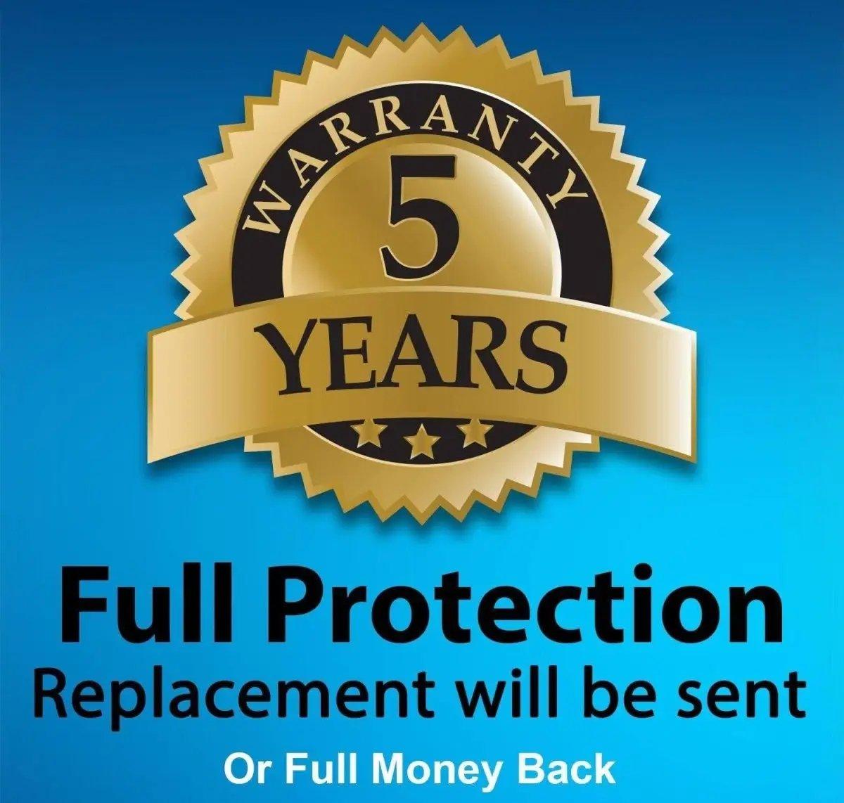 5-year warranty badge offering full protection and money back guarantee on products.