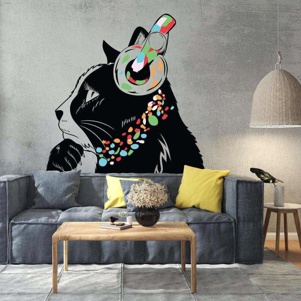 Feline music enthusiast wall decal featuring a DJ kitten with headphones and bright graffiti-style design in a stylish living room.