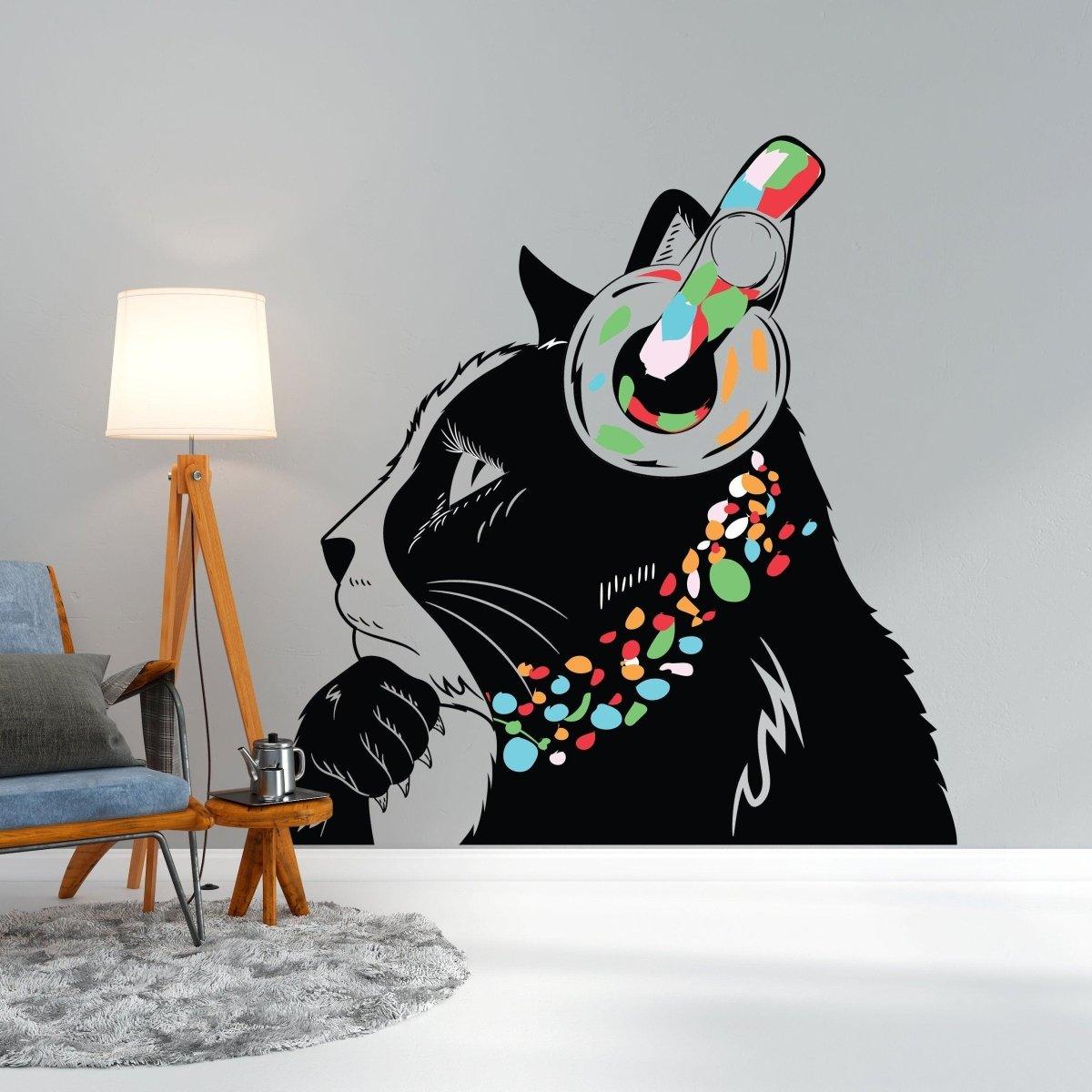 Feline music enthusiast wall decal featuring a DJ kitten with headphones in a stylish room setting.