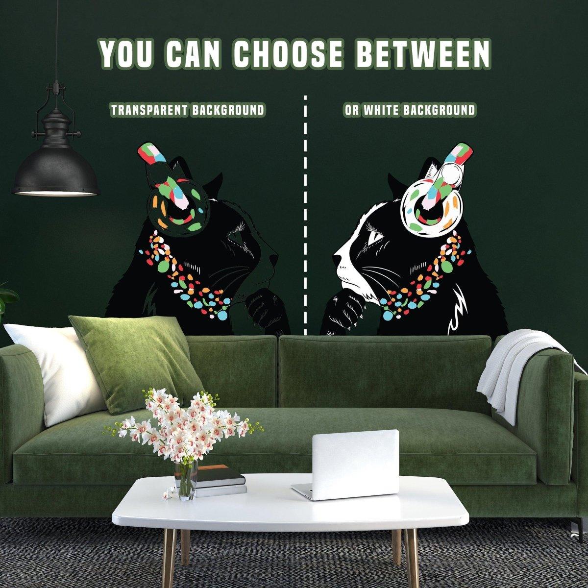 Feline wall sticker with options for transparent and white backgrounds in a stylish living room setting.