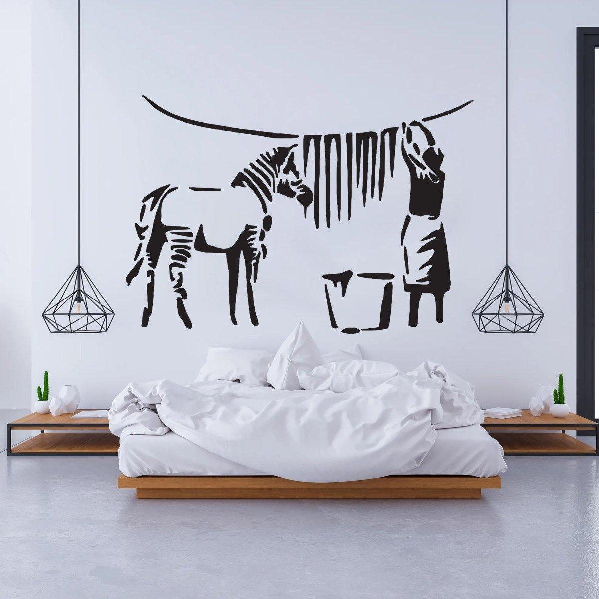 Urban street art zebra stripes wall decal in modern laundry room with minimalist decor.