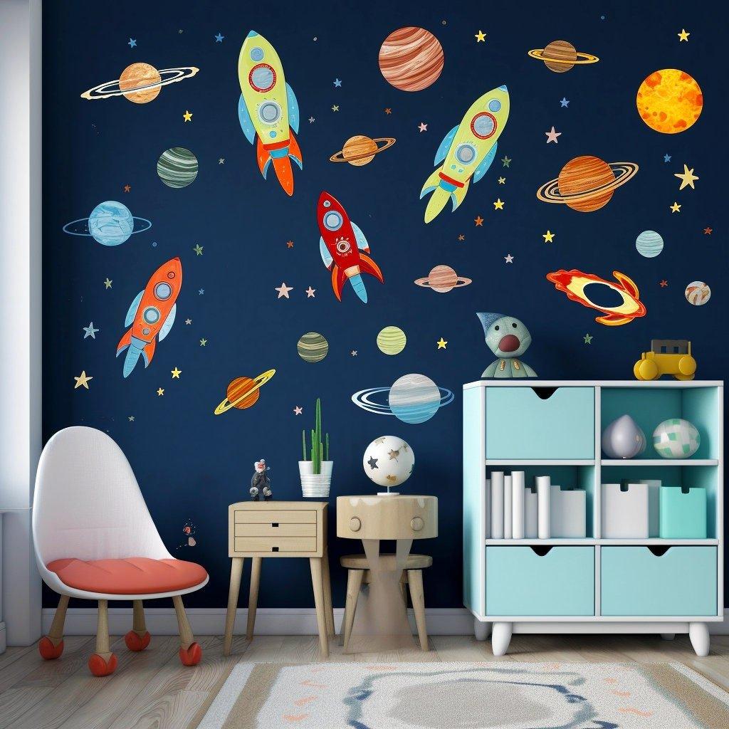 Colorful galaxy-themed wall stickers featuring rockets and planets, perfect for kids' room decor.