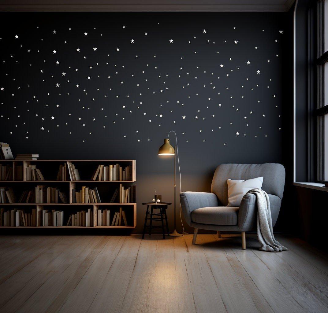 Cozy living room featuring White Stars Wall Stickers on a dark wall, creating a starry celestial atmosphere.
