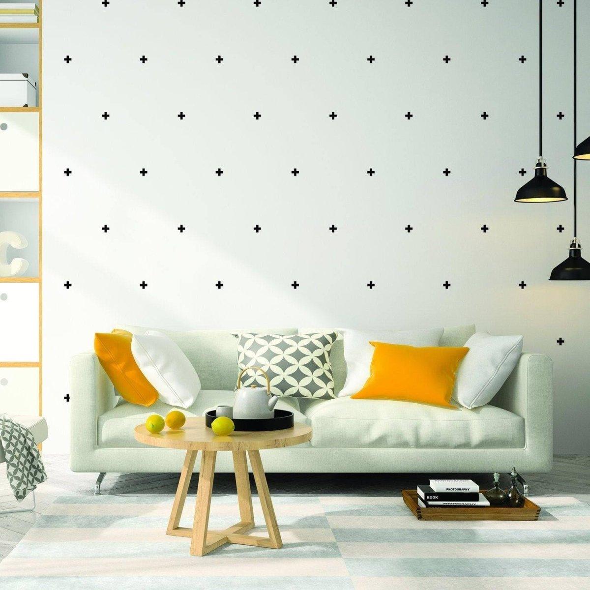 Stylish living room featuring Adhesive CrossLine Vinyl Wall Decals for modern home decor.