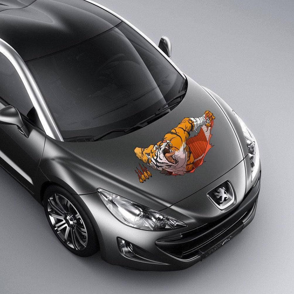 Custom car hood graphic featuring a fierce tiger design on a sleek gray vehicle.