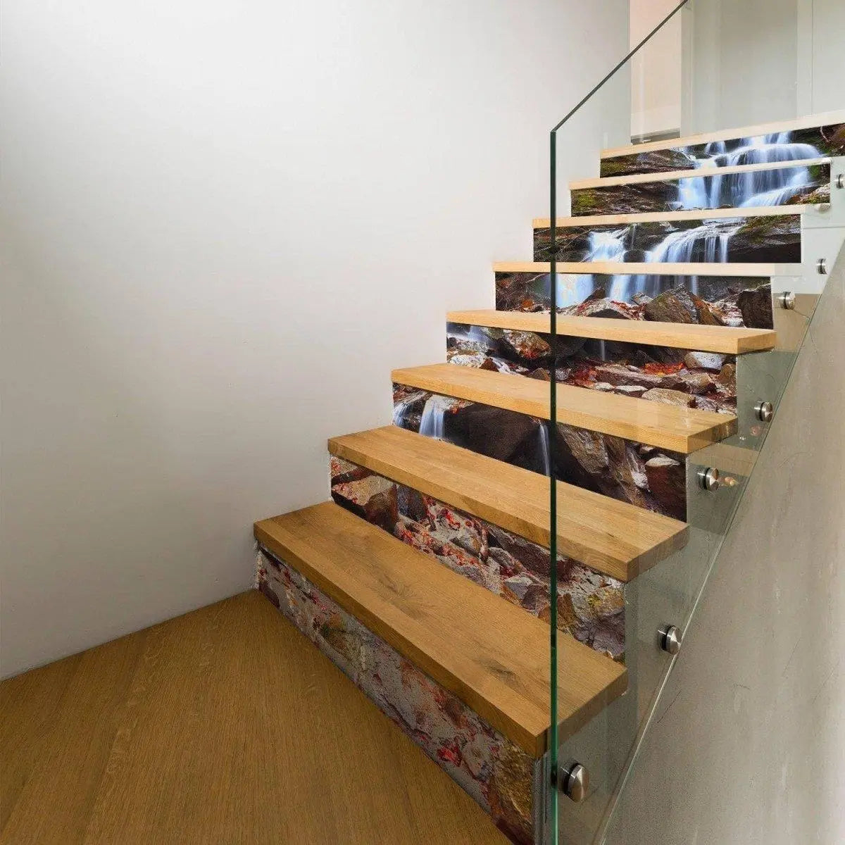 Custom fit stair riser decals featuring a waterfall design to personalize your stairs with style.