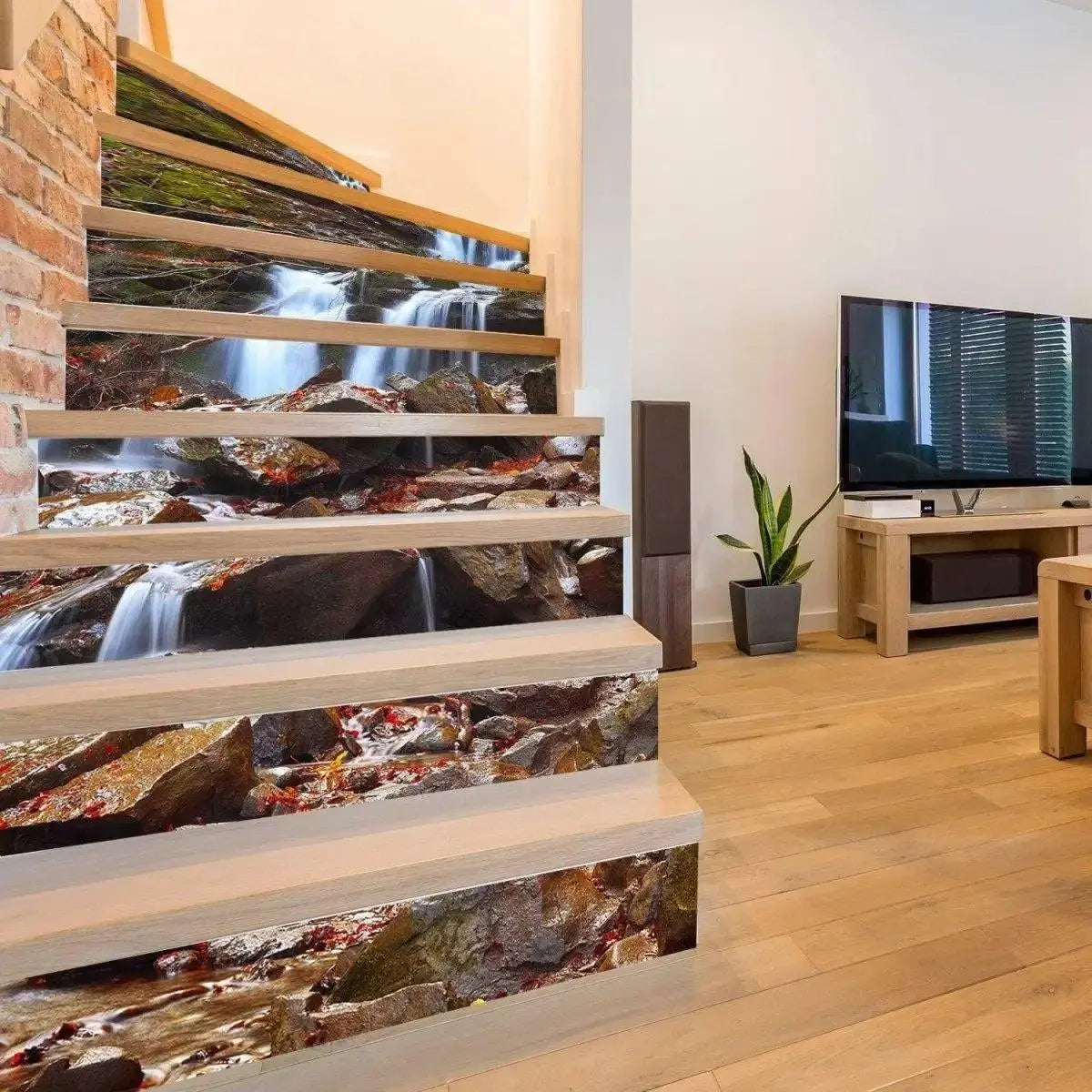Custom fit stair riser decals featuring a stunning rocky stream design, enhancing interior stairs with style.