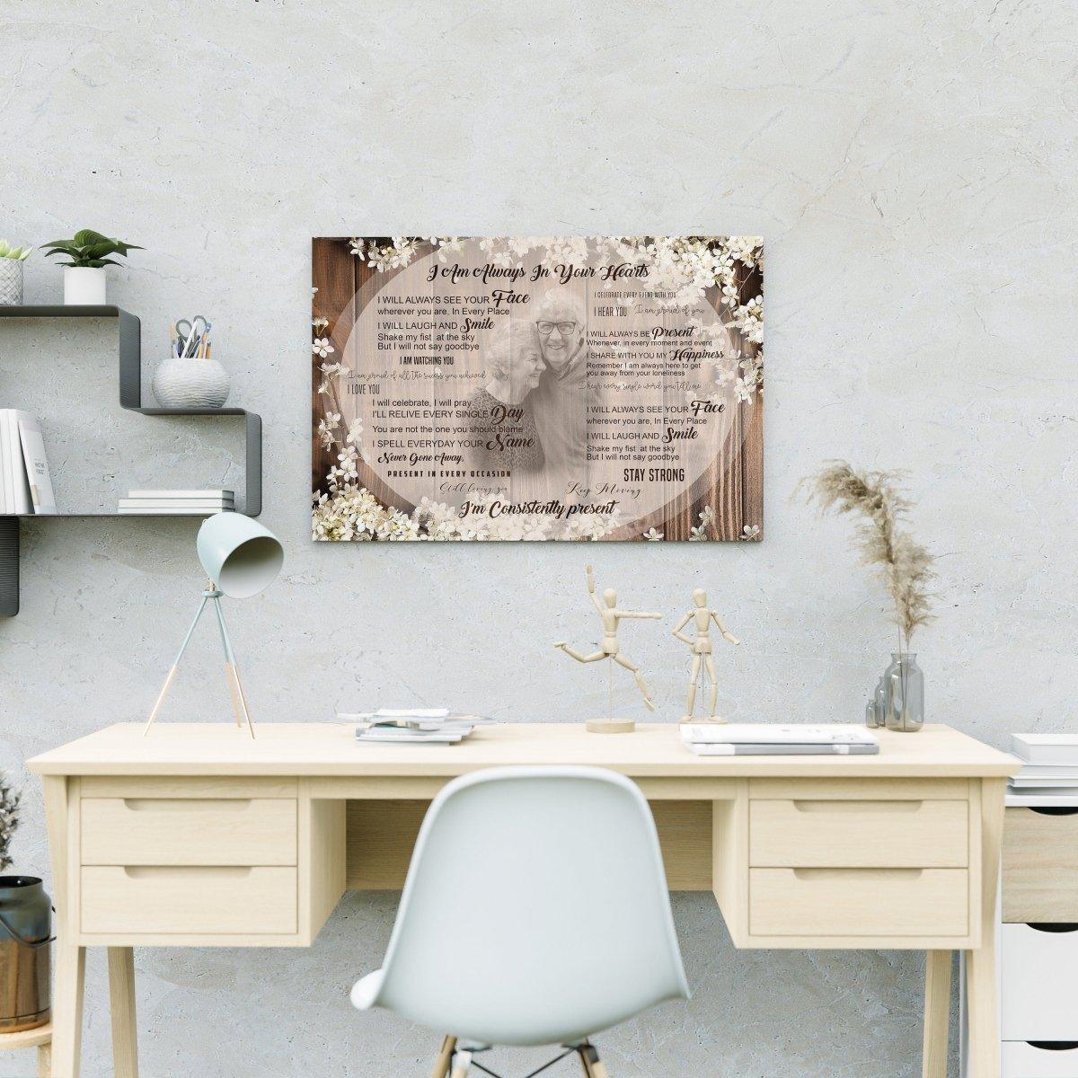 Personalized sympathy canvas artwork displayed in a serene home office, honoring a loved one's memory.