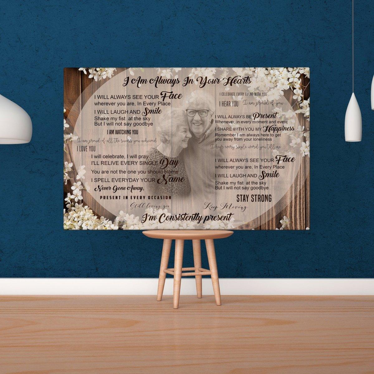 Personalized commemorative canvas artwork with heartfelt tribute and memory quotes, displayed in a cozy room setting.