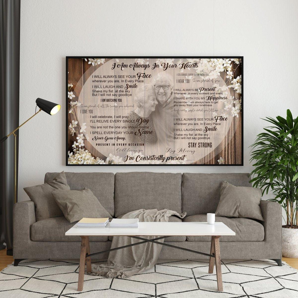 Personalized keepsake canvas artwork displayed above a cozy sofa, honoring a loved one's memory with heartfelt messages.