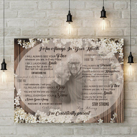 Personalized commemorative keepsake canvas artwork honoring a loved one, featuring heartfelt messages and delicate floral design.