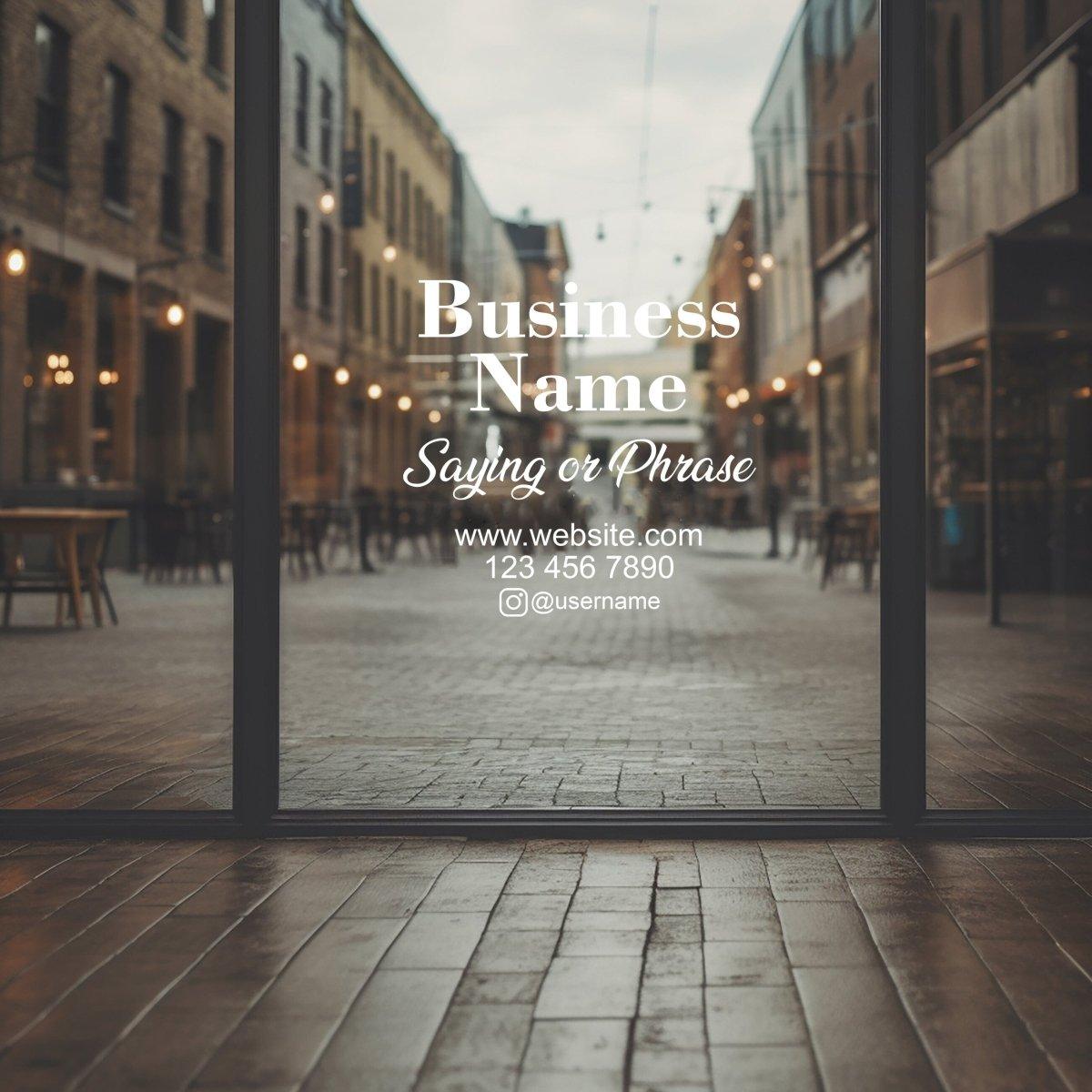 Business storefront window decal featuring customizable name and contact details for enhanced visibility.