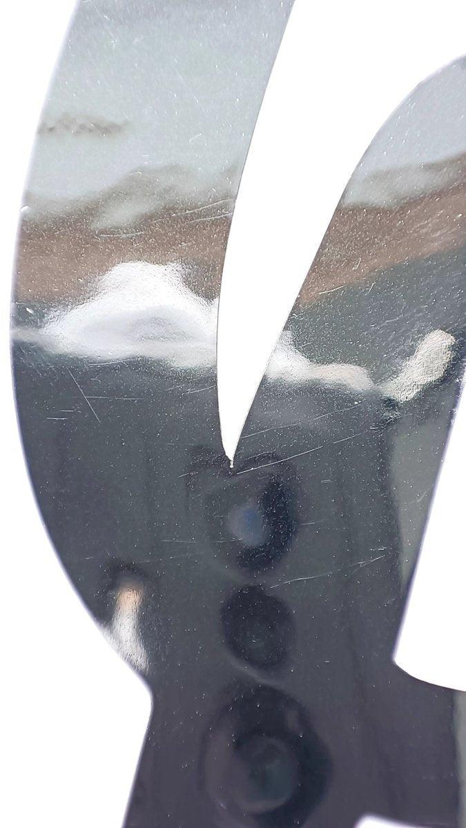 Close-up of a reflective metallic name decal showcasing its smooth surface and edges.