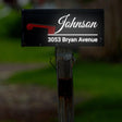 Personalized reflective mailbox decal displaying 'Johnson 3053 Bryan Avenue' for easy visibility at night.