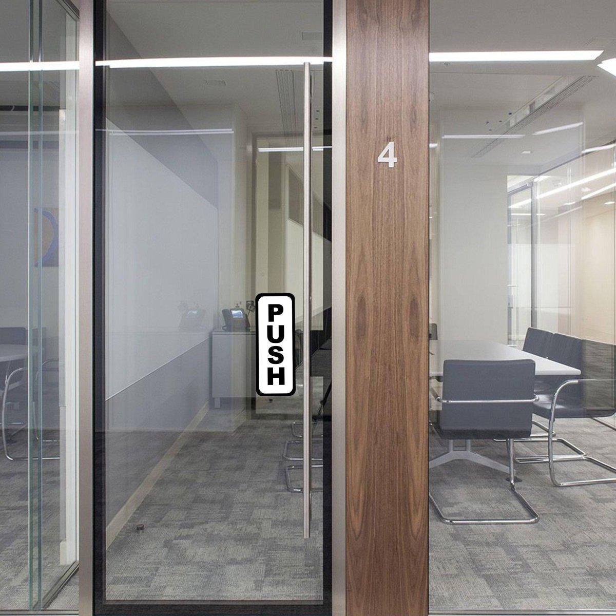 Adhesive doorway directional signage kit featuring a 'PUSH' sign on an office glass door.