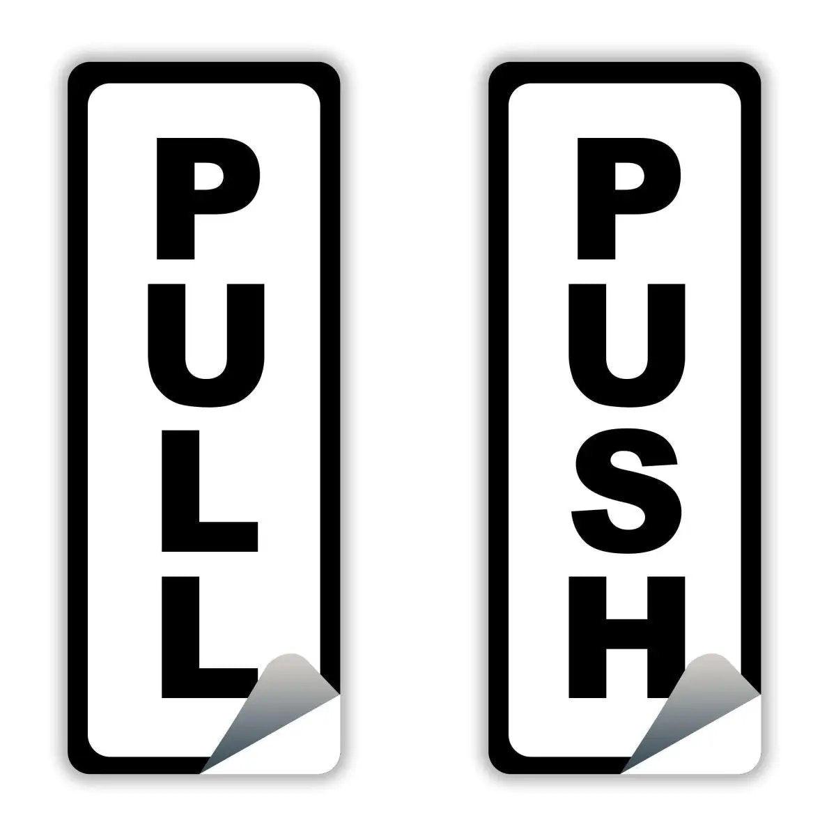 Adhesive doorway directional signage kit showing 'PULL' and 'PUSH' signs for easy navigation.
