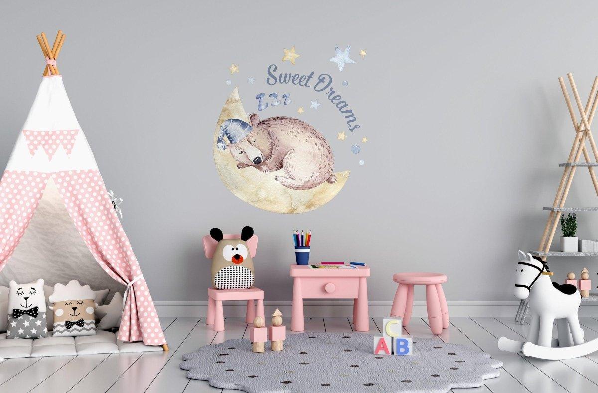 Sweet Dreamy Creatures wall sticker in a cozy kids room with teepee and playful decor.