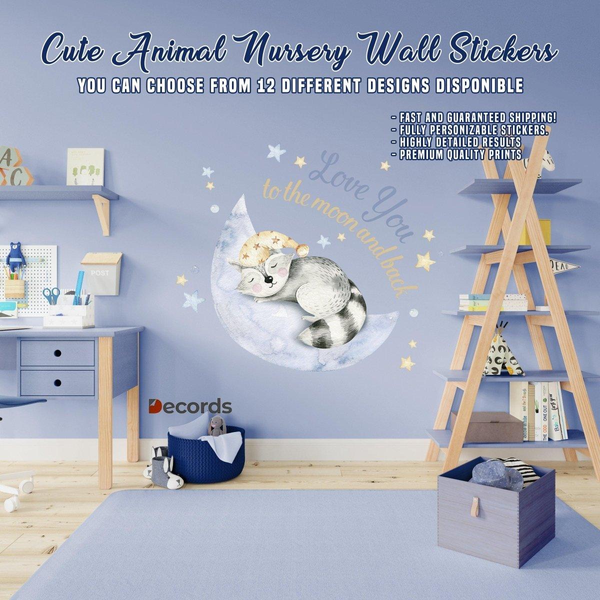Cute animal nursery wall stickers with various designs and vibrant colors for children's room decor.
