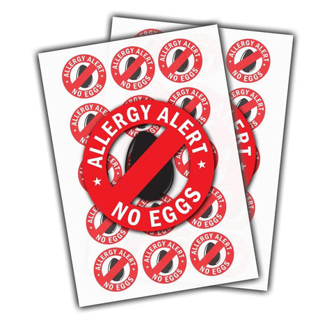 Egg Allergy Alert Stickers on sheets, promoting allergy awareness and safety with 'No Eggs' message.