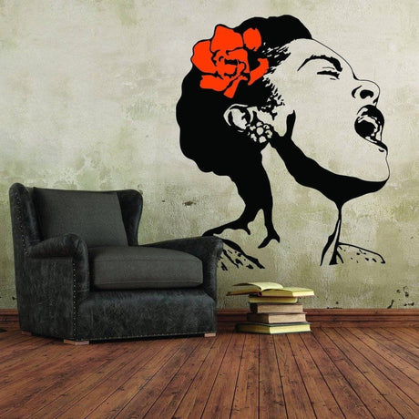 Singing woman art decal with floral design on wall, elegant home decoration, modern living room decor.