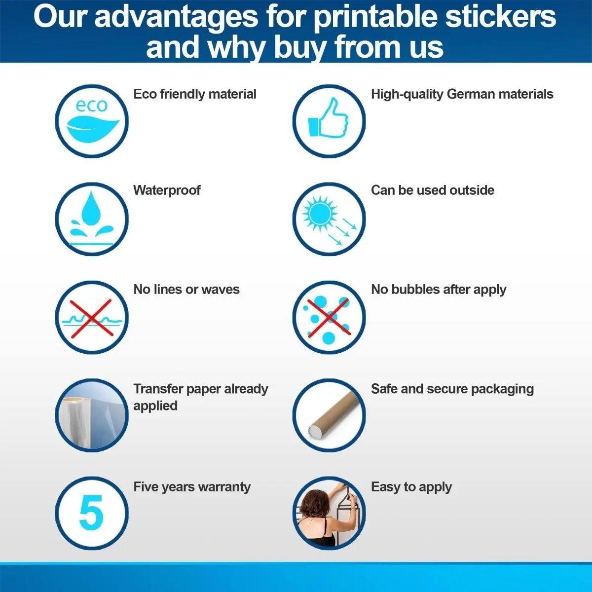 Advantages of our printable stickers: eco-friendly, waterproof, bubble-free, easy application, 5 years warranty, and secure packaging.