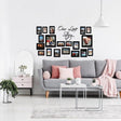 Stylish living room featuring a photo wall art sticker display with the text 'Our Love Story'.