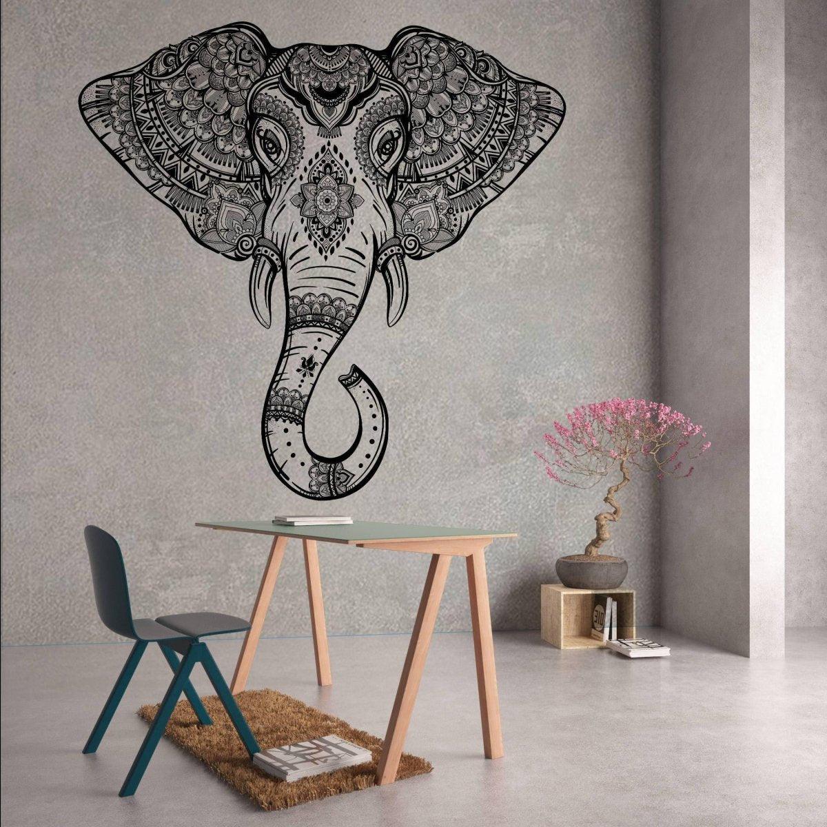 Whimsical elephant wall art decal featuring intricate design, adding elegance and charm to any room decor.