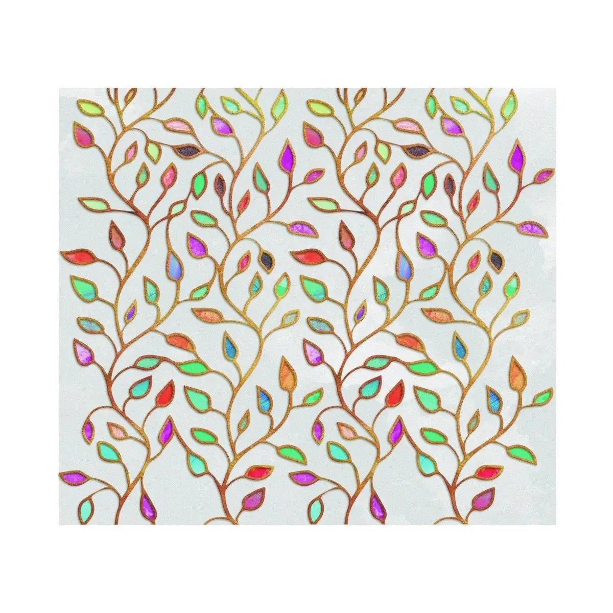 Decorative leaf window film with colorful etched design, enhancing privacy while allowing natural light.