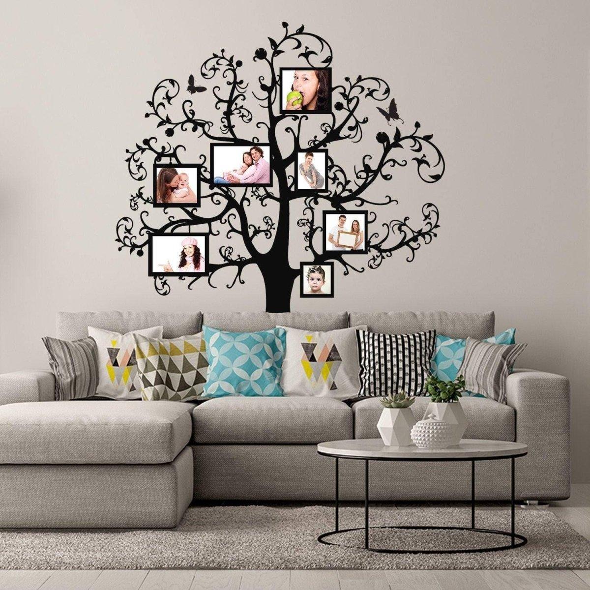 Chic family tree wall sticker with photo frames, adding creativity to modern living room decor.