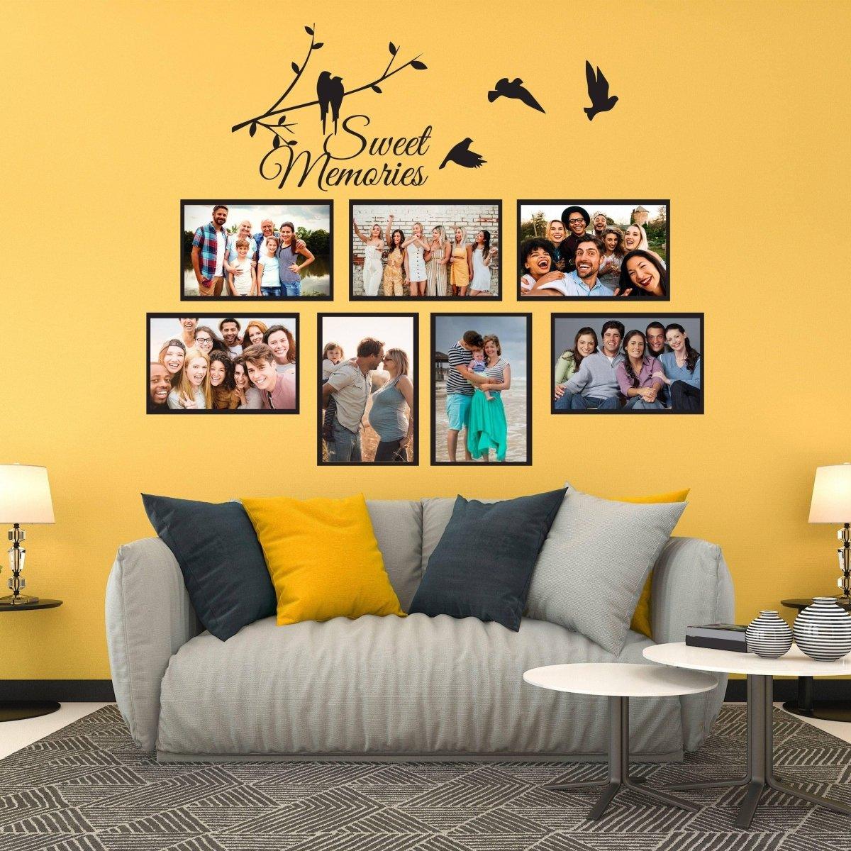 Vinyl wall decal with 'Sweet Memories' design and picture frames, enhancing a cozy living room decor