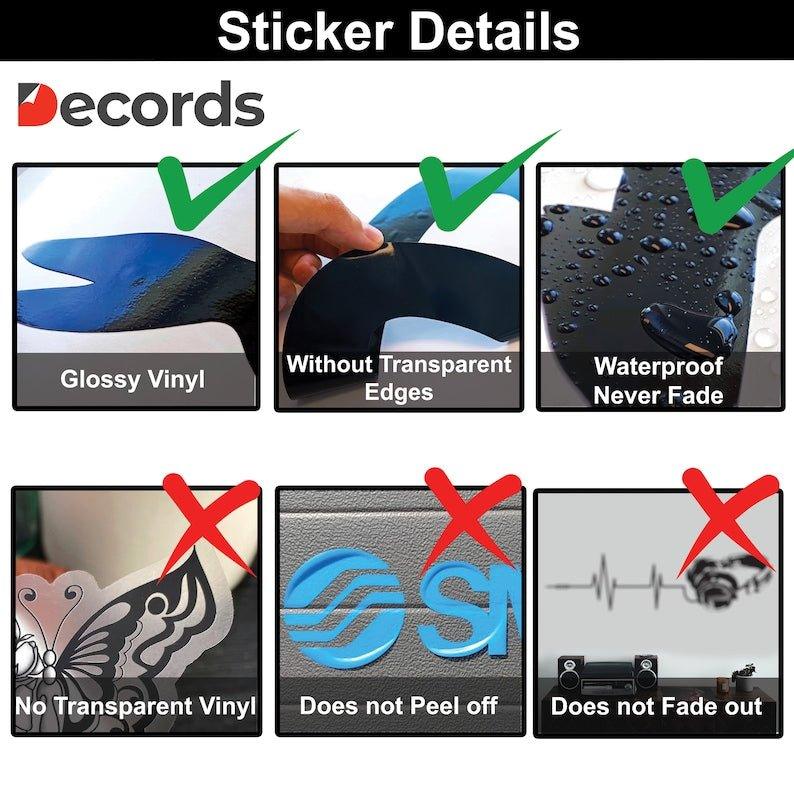 Sticker details highlighting glossy vinyl, waterproof features, and quality assurance for durable decals.