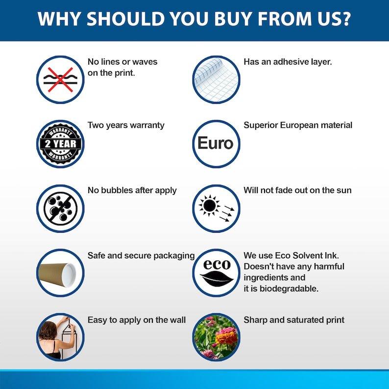 Graphic listing benefits of wall decals: no lines, two-year warranty, eco-friendly ink, easy application, and vibrant print.