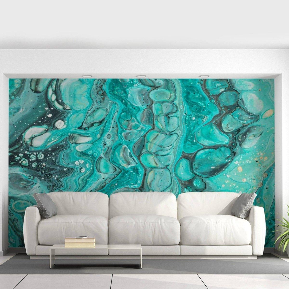 Luxurious self-adhesive marble pattern wallpaper in teal, enhancing modern living room decor with elegant design.