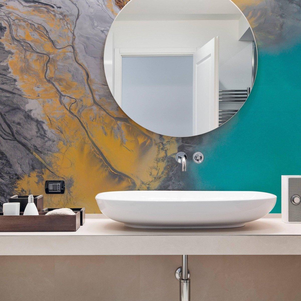 Modern bathroom featuring chic self-stick marble wall film with vibrant colors and a stylish round mirror.