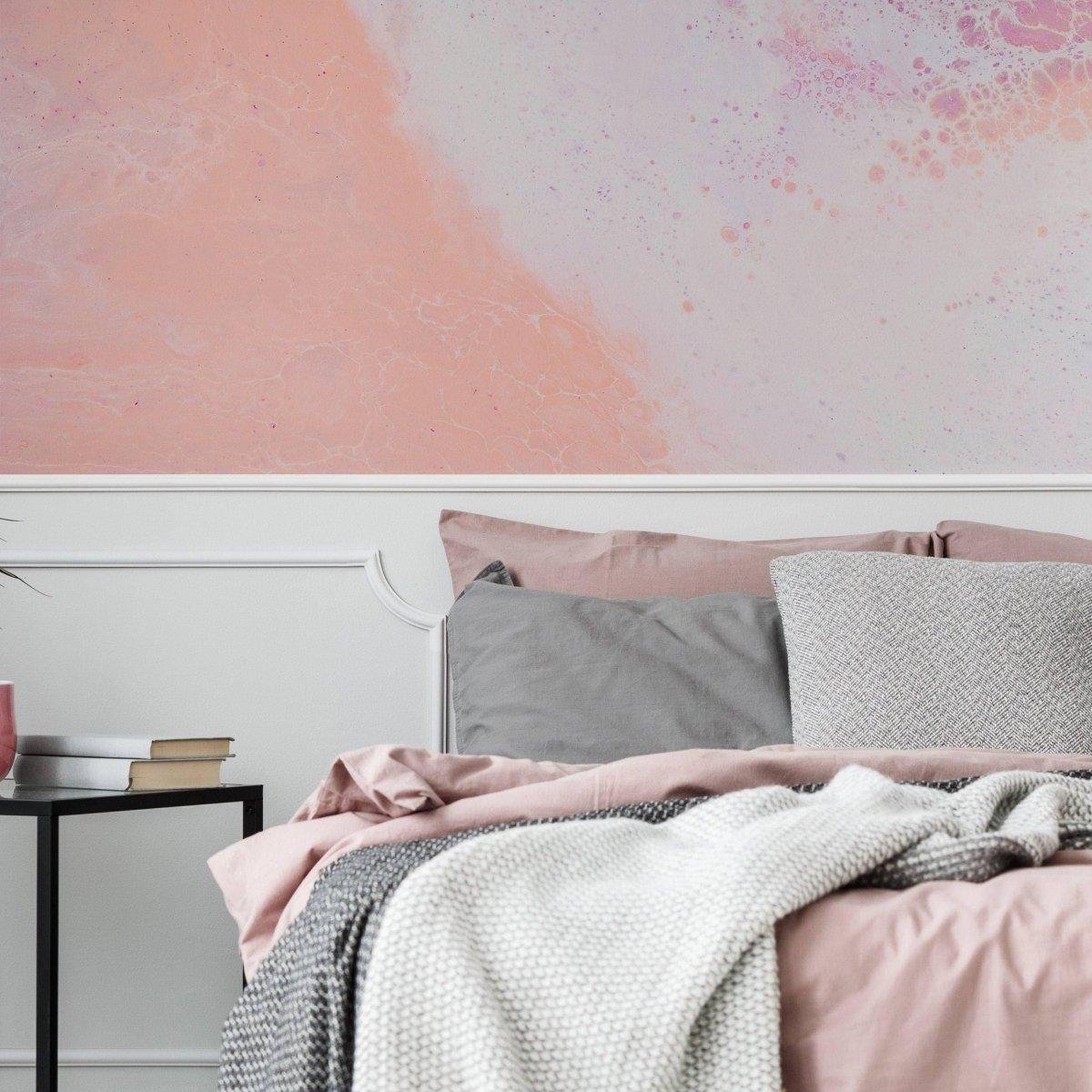 Elegant pink marble self-adhesive wallpaper in a cozy bedroom setting with stylish bedding and decor.