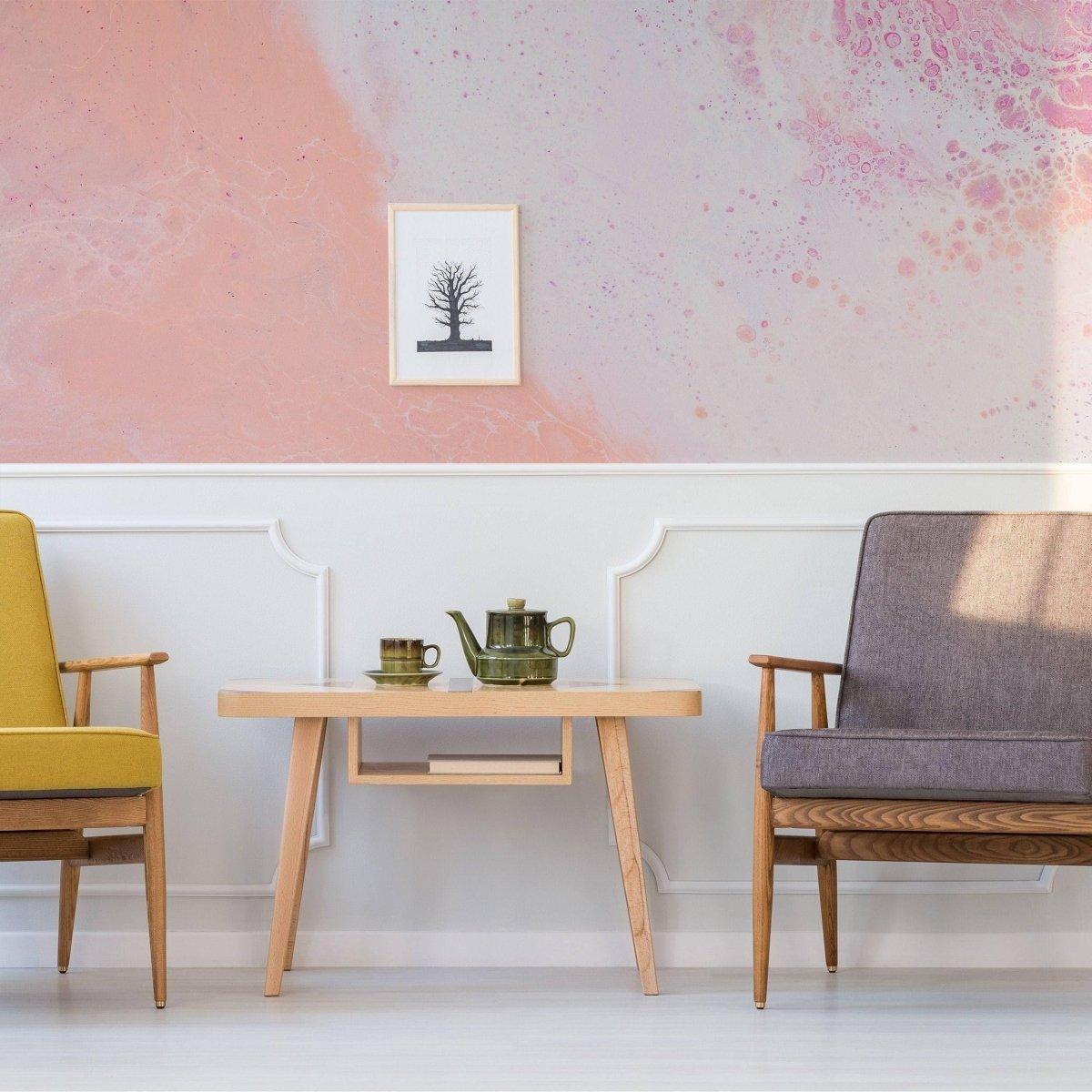 Elegant marble self-adhesive wallpaper with a pink swirl pattern in a cozy living room setup.