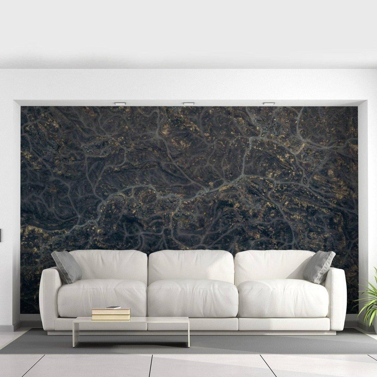 Marble effect wall covering in a modern living room with a white sofa, enhancing decor with luxury design.