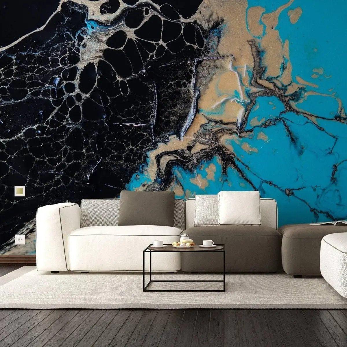 Stylish living room featuring elegant marble wall covering in black and blue tones with modern furniture.